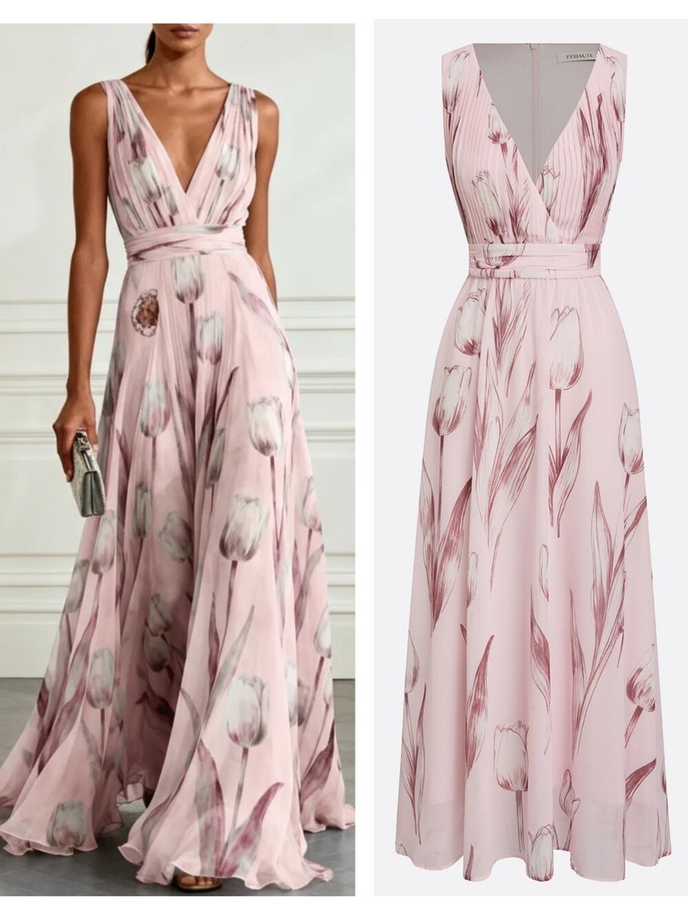 Fehaute Floral Chiffon V Neck Sleeveless A-Line Floor-length Gown Dress Pink 6